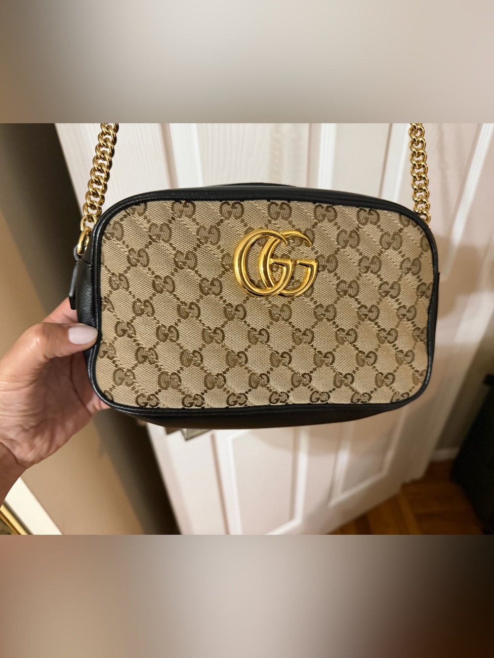 Gucci Beige GG Canvas Crossbody with Black Trim and Gold Double G